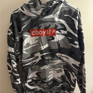 Gray Camo Hoodie with Red Logo